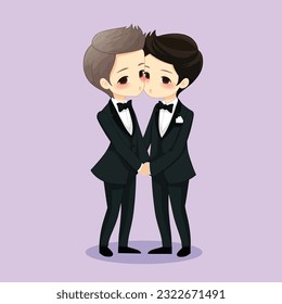 Cute Chibi Style Gay Grooms Kissing Each Other, LGBT Wedding, Gay Wedding