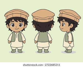 Una linda ilustración de estilo chibi de un niño desde tres ángulos diferentes, con un tradicional shalwar kameez y un sombrero pakol.