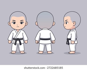 Um bonitinho personagem infantil de caratê estilo chibi mostrado de frente, de trás e de vista lateral, vestindo um branco gi e faixa preta.