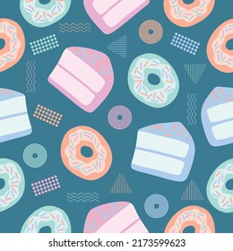 Cute chibi sweet foods cakes donuts soft colorful seamless pattern doodle kids baby kawaii cartoon