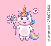 Cute chibi unicorn holding a daisy flower with a heart bubble perfect for kids products greeting cards and merchandise cute kawaii cartoon style.