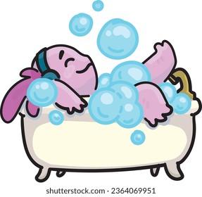 A cute chibi vector of an axolotl in a bubblebath.