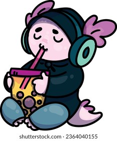 A cute chibi vector of an axolotl in hoodie and headphones sipping boba tea.