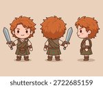 Cute chibi warrior character shown from front, side, and back. The character has red hair and wears medieval-style clothing and holds a sword.
