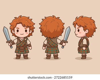 Personagem chibi guerreiro bonito mostrado de frente, lado e de trás. O personagem tem cabelo vermelho e usa roupas de estilo medieval e segura uma espada.