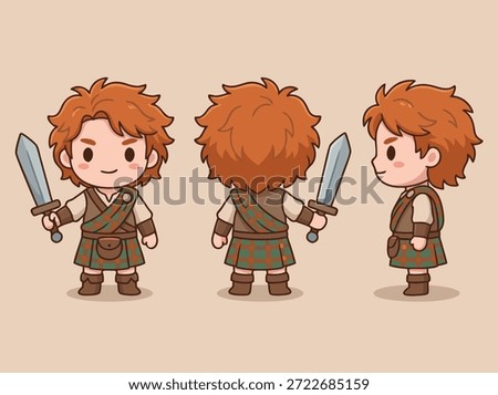 Cute chibi warrior character shown from front, side, and back. The character has red hair and wears medieval-style clothing and holds a sword.