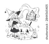 Cute chibi witch brewing potion in pumpkin cauldron with floating spell book black and white line art vector illustration