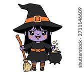 Cute Chibi Witch with Broom and Bubbling Cauldron