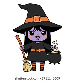 Linda bruja Chibi con escoba y caldero burbujeante