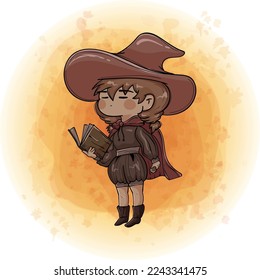 Cute Chibi Witch Cartoon Character Wearing a Hat while Reading the Book of Potion