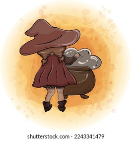 Cute Chibi Witch Cartoon Character Wearing a Hat while Making Magic Potion