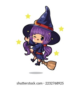 Cute chibi witch happy character