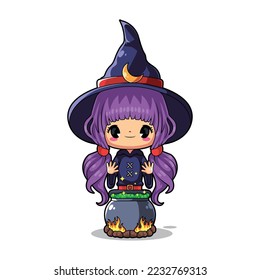 Cute chibi witch potion making character