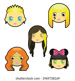 Cute chibi women characters with various hairstyles in vector icon illustrations. Funky, glamorous and beautiful girls clip arts