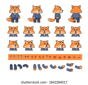 Cute chibi yellow fox in blue suit creation bundle. Create your own pose, action, animation. Vector illustration