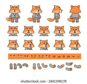 Cute chibi yellow fox in grey suit creation bundle. Create your own pose, action, animation. Vector illustration