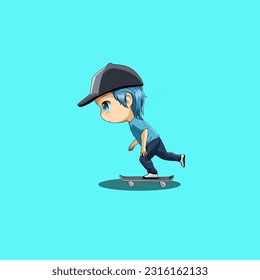 Cute chibi's sticker vector playing skateboard free. Vector skate board. 