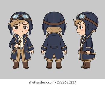 A cute chibi-style aviator character shown from the front, back, and side. The character wears a vintage pilot uniform with goggles and a helmet.