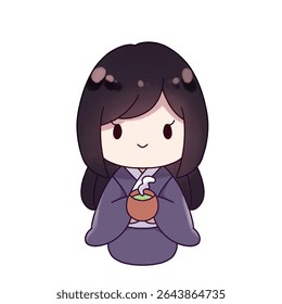 A cute chibi-style girl wearing a traditional purple kimono and holding a warm cup of tea. 