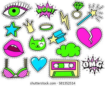 Cute Chic Fashion Patch Badges with Heart, Lips, Crown, Cloud, Ring, Magic Wand, Cat. Vector Illustration Isolated on White Background. Set of Stickers, Pins, Patches in Cartoon 80s-90s Comic Style.