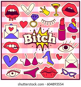 Cute Chic Fashion Summer Patch Badges with Bitch Expression, Letter, Crown, Bra, Bikini, Lipstick, Heart, Glasses, Shoes, Ring, Drinks. Set of Stickers, Pins, Patches in Cartoon 80s-90s Comic Style.