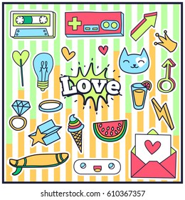 Cute Chic Fashion Summer Patch Badges with Love Expression, Letter, Crown, Lamp, Heart, Glasses, Cassette, Arrow, Surfboard, Watermelon. Set of Stickers, Pins, Patches in Cartoon 80s-90s Comic Style.