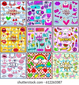 Cute Chic Fashion Summer Patch Badges Sets with Sea, Summer, Girl, Kiss, WOW, Beach, Lipstick, Bra, Hearts, Camera. Set of Stickers, Pins, Patches in Cartoon 80s-90s Comic Style for Summer Vacation.