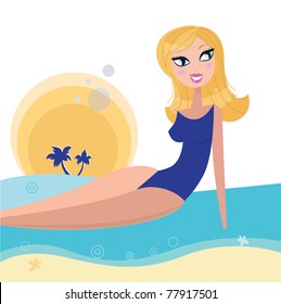 Cute chic on the beach. Stylized water and sun behind the girl. Vector Illustration.