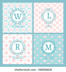 Cute and chic pink cards with patterns and words for wedding design. Vector illustration