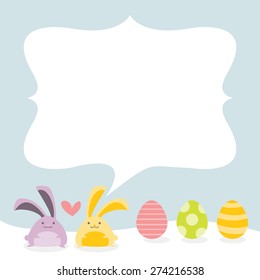 A cute chic vector illustration of a two easter bunnies and easter eggs with a copy space/blank message area.