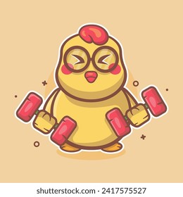 mascota del personaje de un animal de polluelo lindo construyendo el cuerpo usando dibujos animados aislados de dumbbell