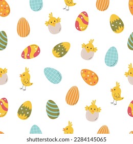 Cute chick appears from egg. Easter traditional symbols pattern design. Seamless background graphic print. Colorful easter eggs decorative festive concept. Hand drawn flat vector illustration isolated