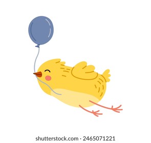 Cute chick baby bird cartoon character soars through the sky by a balloon, exudes joy, fun and innocence. Isolated vector funny little hen personage ready for spring Easter holiday celebration