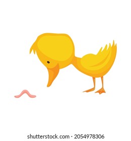 Cute chick. Baby cartoon yellow vector duck. Bird child character in funny facial expression, pose and gesture for graphic design. Catching worm