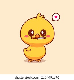 Cute Chick Bite Knife Cartoon Vector Icon Illustration. Animal Nature Icon Concept Isolated Premium Vector. Flat Cartoon Style