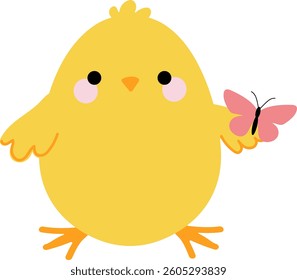 Cute chick with butterfly. Festive vector illustration in flat style