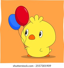 cute chick cartoon carrying balloon, suitable for mascot