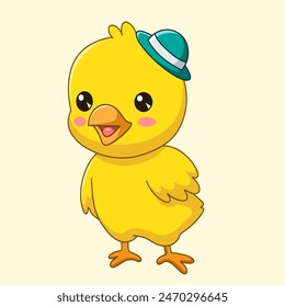 Cute chick cartoon wearing a green hat