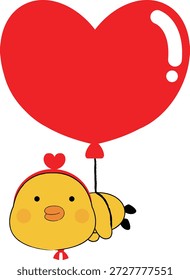Carácter lindo del pollito que sostiene un globo rojo del corazón