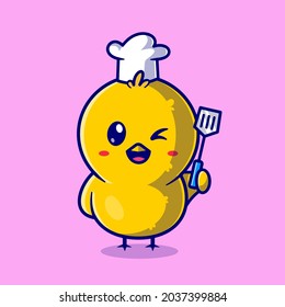 Cute Chick Chef Holding Spatula Cartoon Vector Icon Illustration. Animal Profession Icon Concept Isolated Premium Vector. Flat Cartoon Style