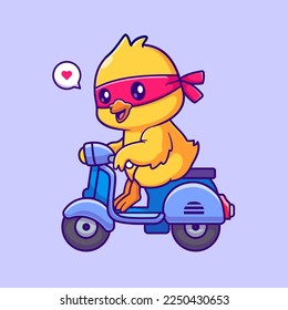 Cute Chick Chicken Riding Scooter With Mask Cartoon Vector Icon Illustration. Animal Transportation Icon Concept Isolated Premium Vector. Flat Cartoon Style