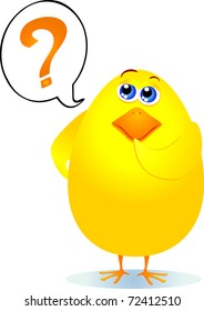 Cute chick with comic and thoughtful question mark. Vector