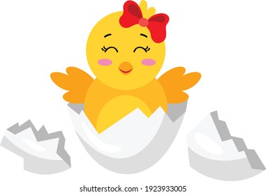 Cute chick coming out from broken egg
