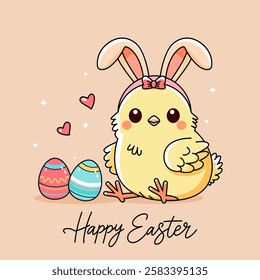 cute chick with easter bunny ears and happy easter greeting inscription. easter greeting card. flat vector illustration isolated