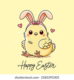 cute chick with easter bunny ears and happy easter greeting inscription. easter greeting card. flat vector illustration isolated