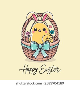 cute chick with easter bunny ears in easter basket. greeting lettering happy easter. flat vector illustration postcard