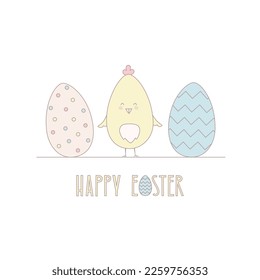 Cute chick, Easter eggs vector illustration. Simple line character with greeting for card, banner.
