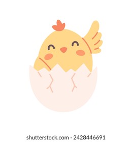 Cute chick in egg shell. Easter chick, springtime. Farm animal. Vector illustration in flat style