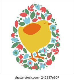 Cute chick in an egg. Spring composition of plants and abstract shapes. Egg background. Vector	