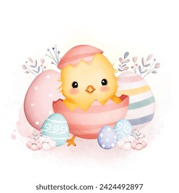 
Cute Chick and Eggs with Floral Elements